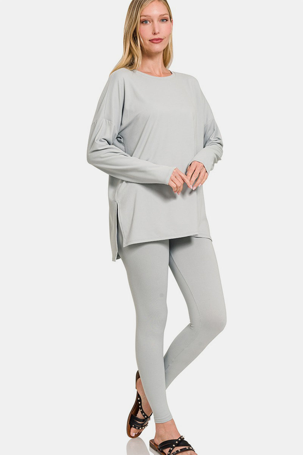 Zenana Brushed Microfiber Top and Leggings Set - Light Grey