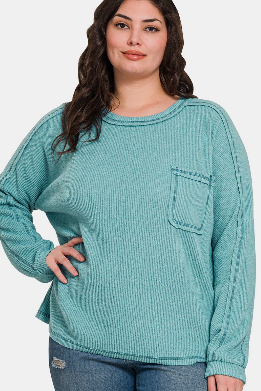 Zenana Ribbed Hacci Top - Teal