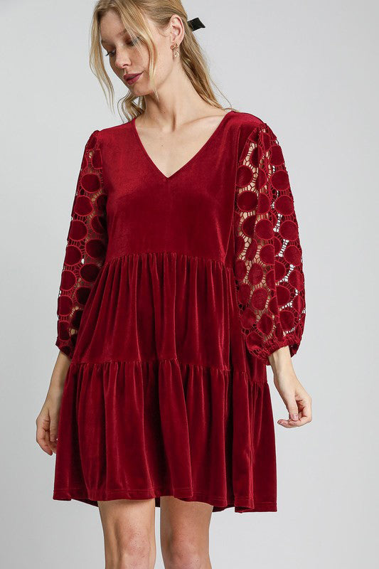 Umgee Velvet V-Neck Dotted Lace Tiered Dress - Burgundy