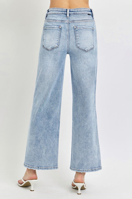 RISEN Tummy Control High Rise Crop Wide Leg Jeans - Light Wash