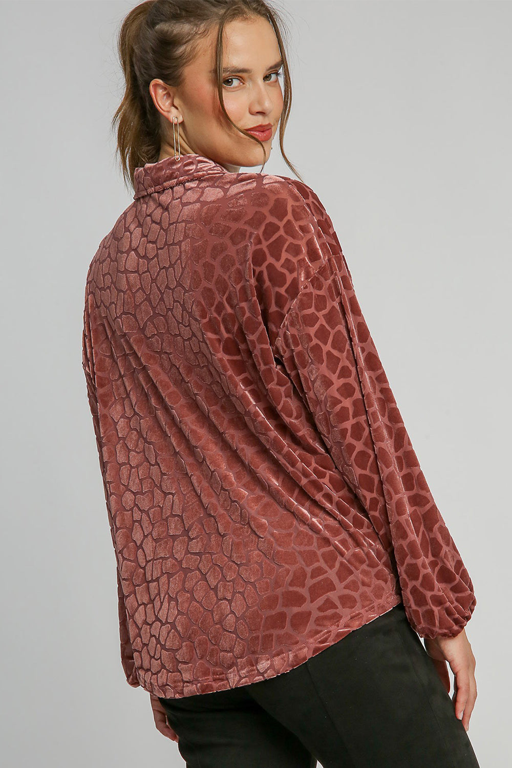 Umgee Velvet Animal Print Top - Rosewood