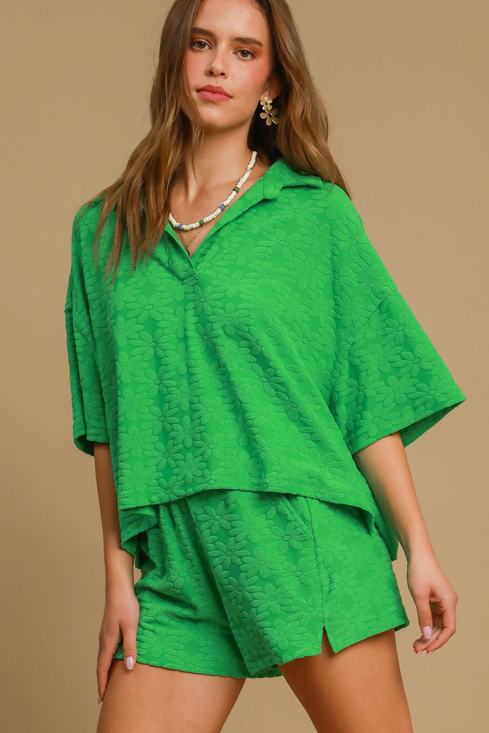 Umgee Floral Jacquard Top - Green