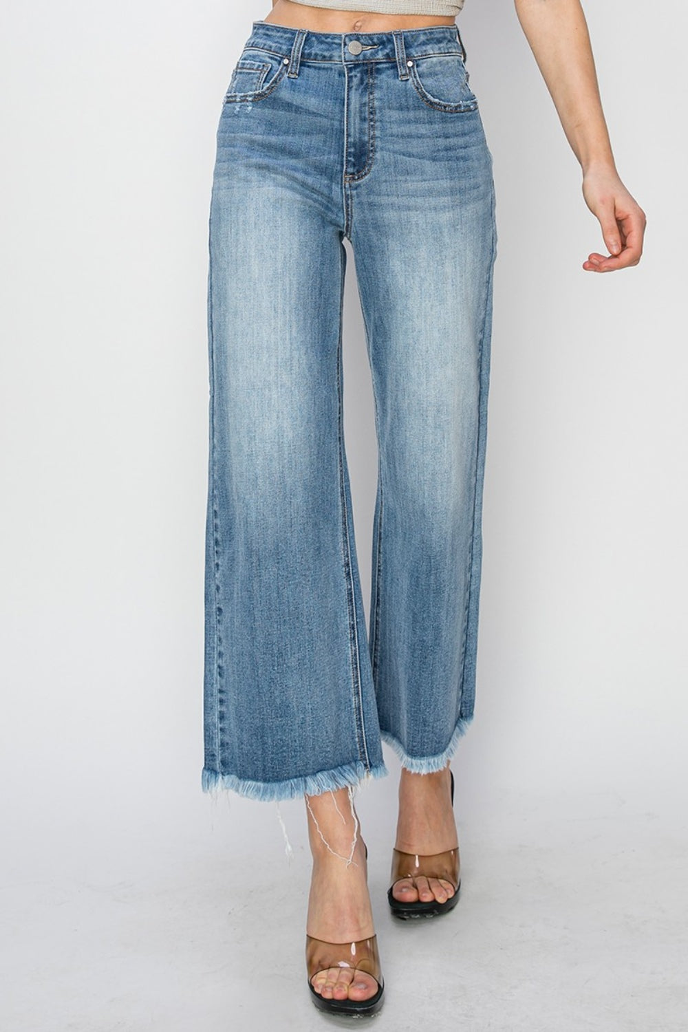 RISEN Raw Hem Cropped Wide Leg Jeans - Medium Wash