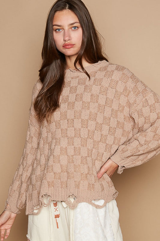 Distressed Checkered Sweater - Mocha Beige