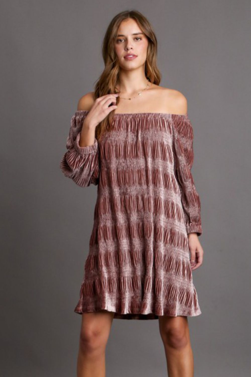 Umgee Velvet Off-Shoulder Dress - Dusty Pink