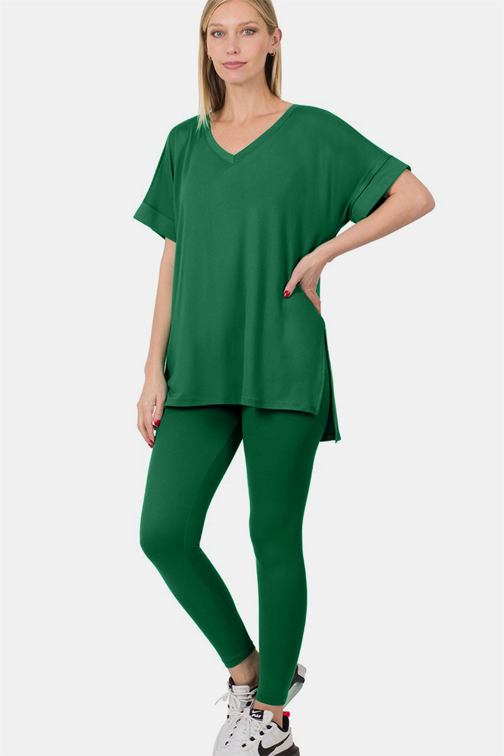 Zenana V-Neck Short Sleeve Top & Leggings Set - Dark Green