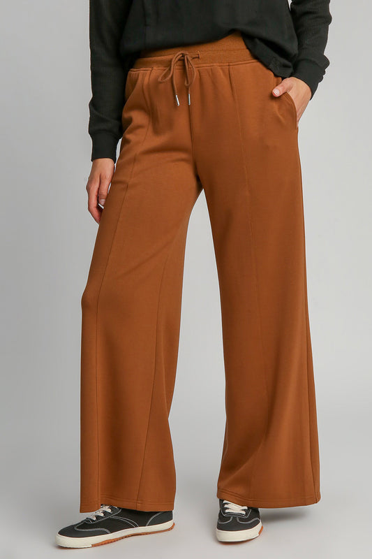 Umgee Drawstring Wide Leg Pants with Pockets - Terracotta