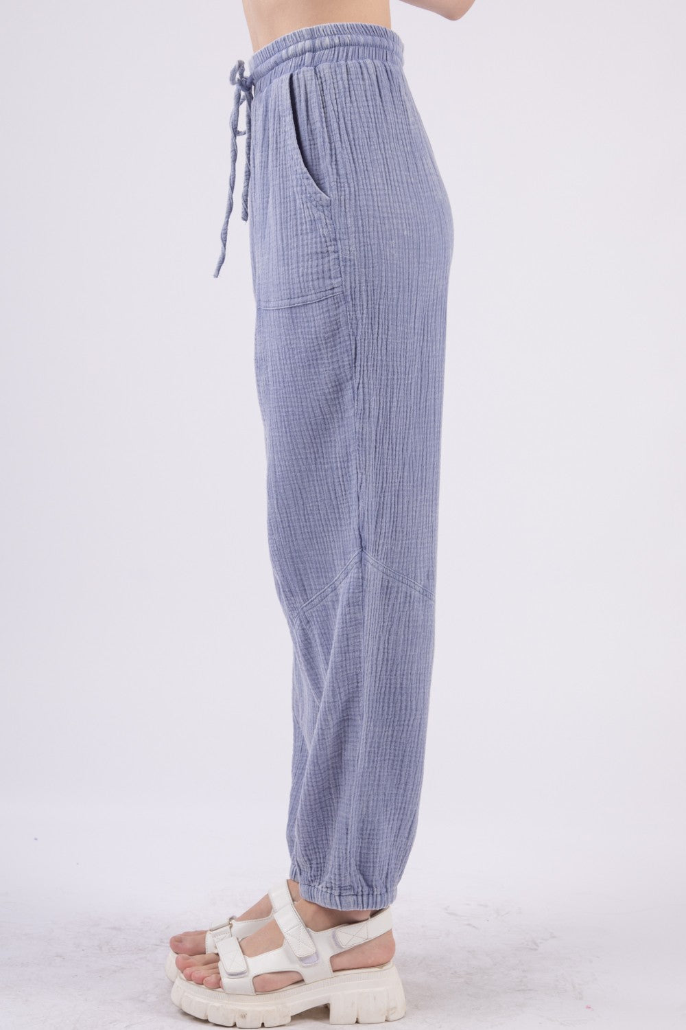 VERY J Crinkle Gauze Drawstring Pants - Denim