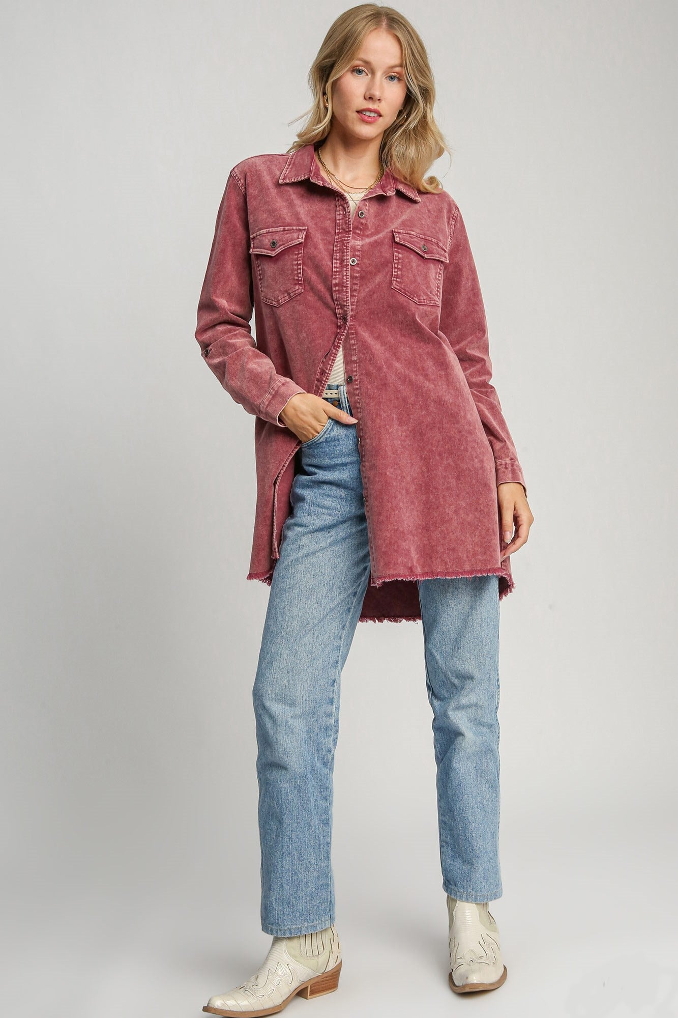 Umgee Raw Hem Denim Jacket - Wine