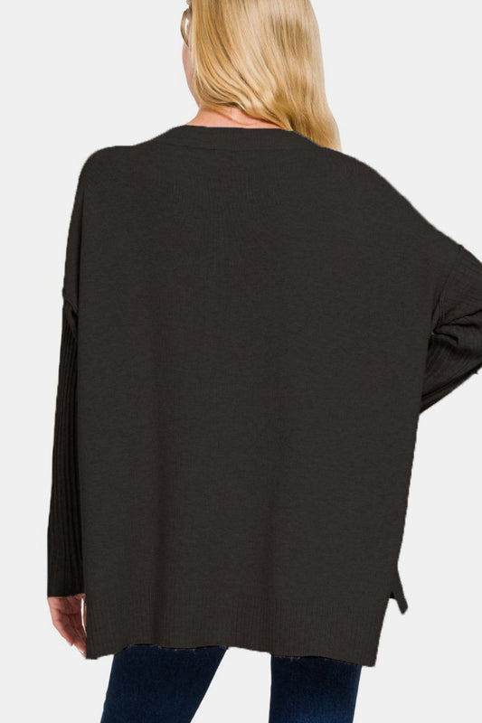 Zenana V-Neck High-Low Sweater - Black