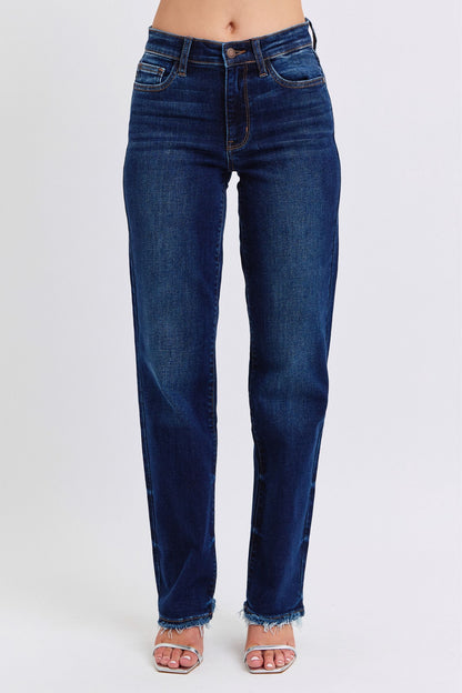 Judy Blue Raw Hem Straight Leg Jeans - Dark