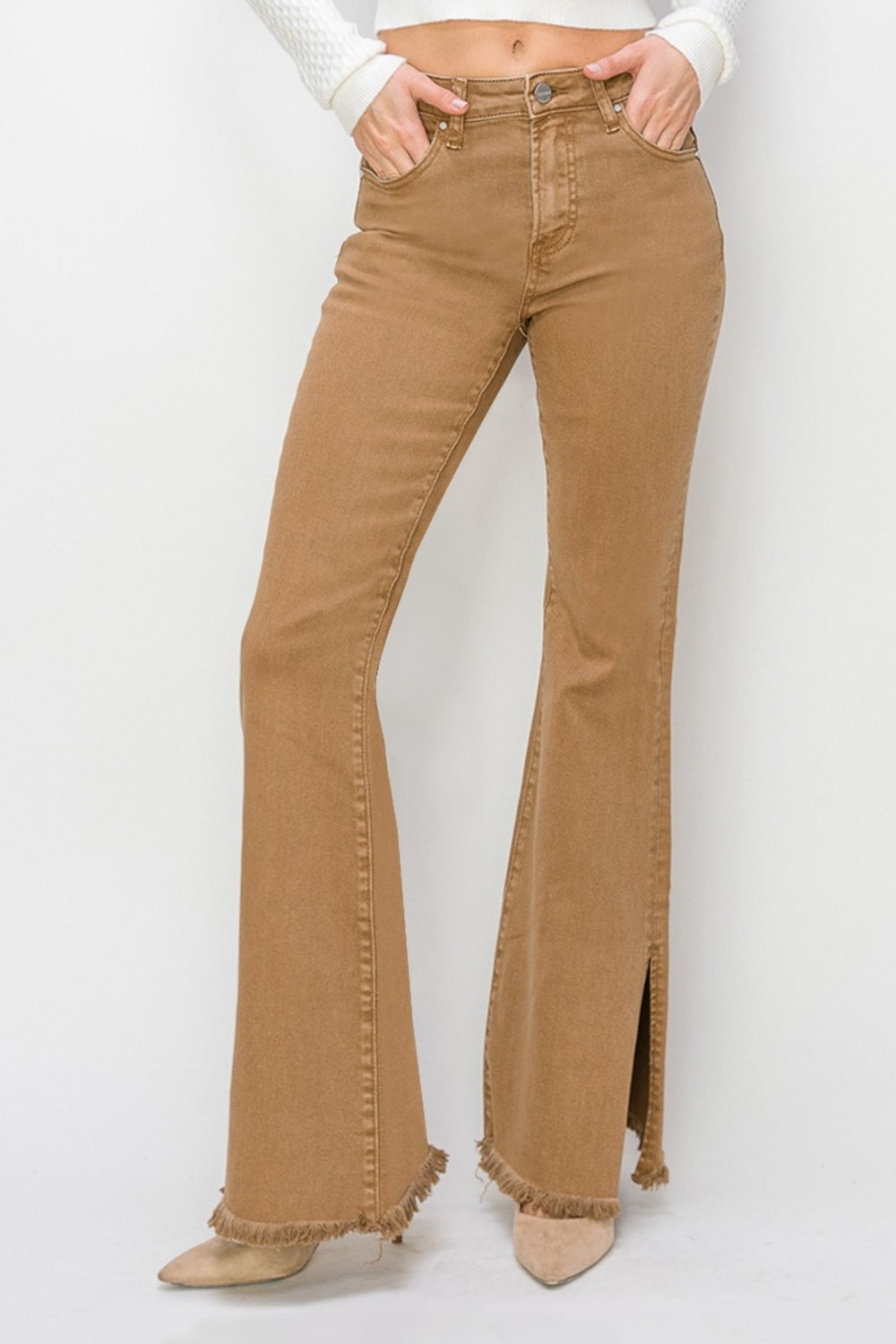 RISEN Bailey High Waist Side Slit Flare Jeans - Brown