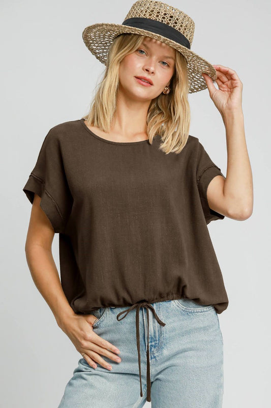 Umgee Drawstring Hem Top - Coffee Brown