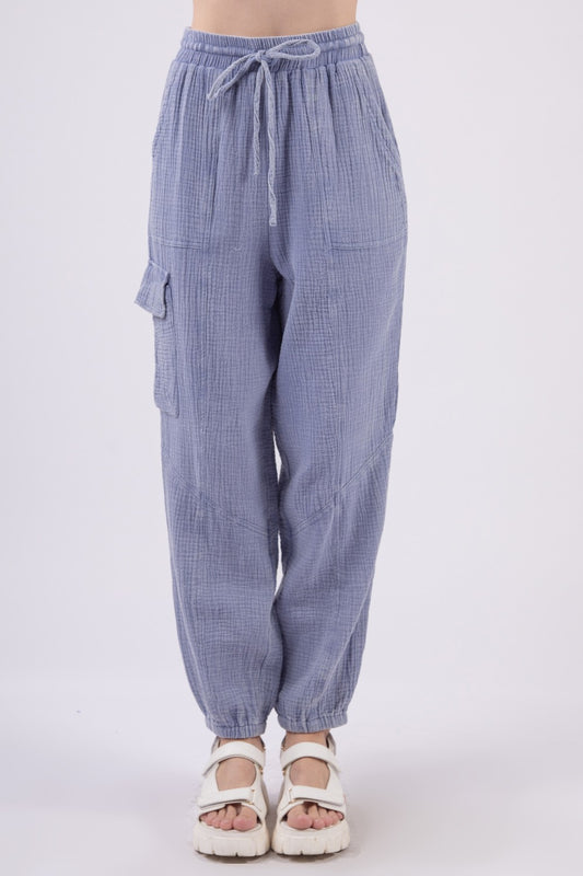 VERY J Crinkle Gauze Drawstring Pants - Denim