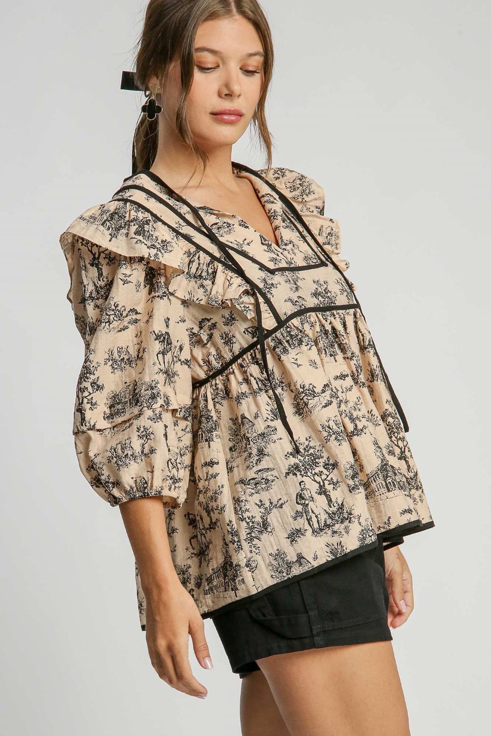 Umgee Printed Babydoll Top - Taupe