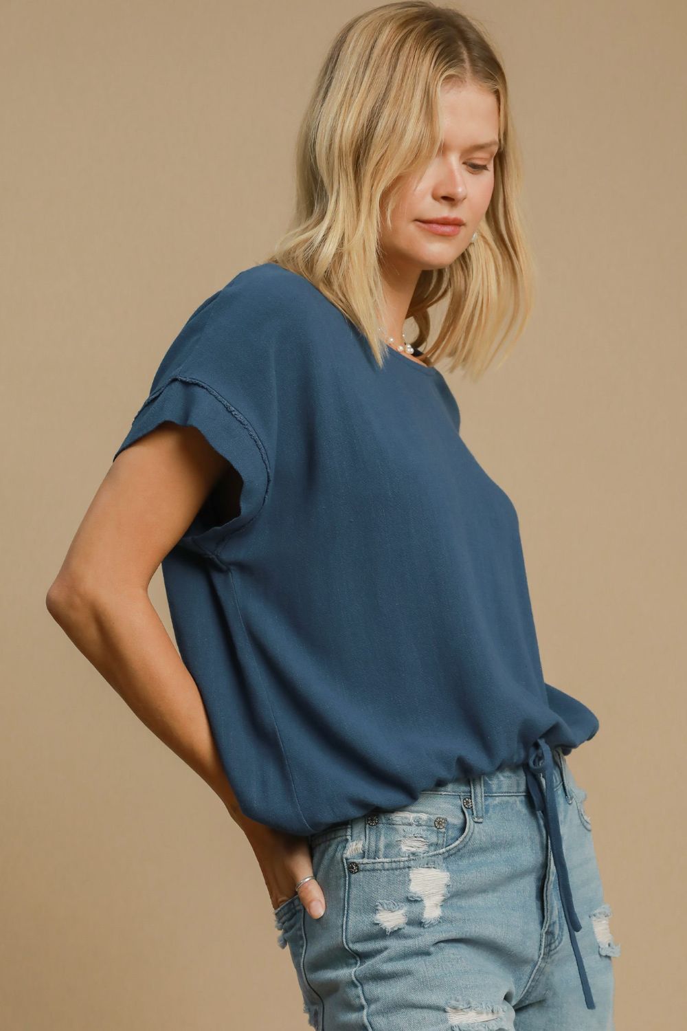 Umgee Drawstring Hem Top - Peacock Blue