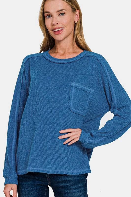 Zenana Ribbed Hacci Top - Royal Blue