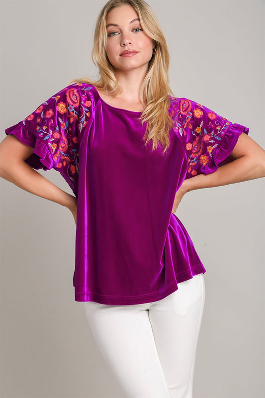 Umgee Velvet Embroidery Top - Violet