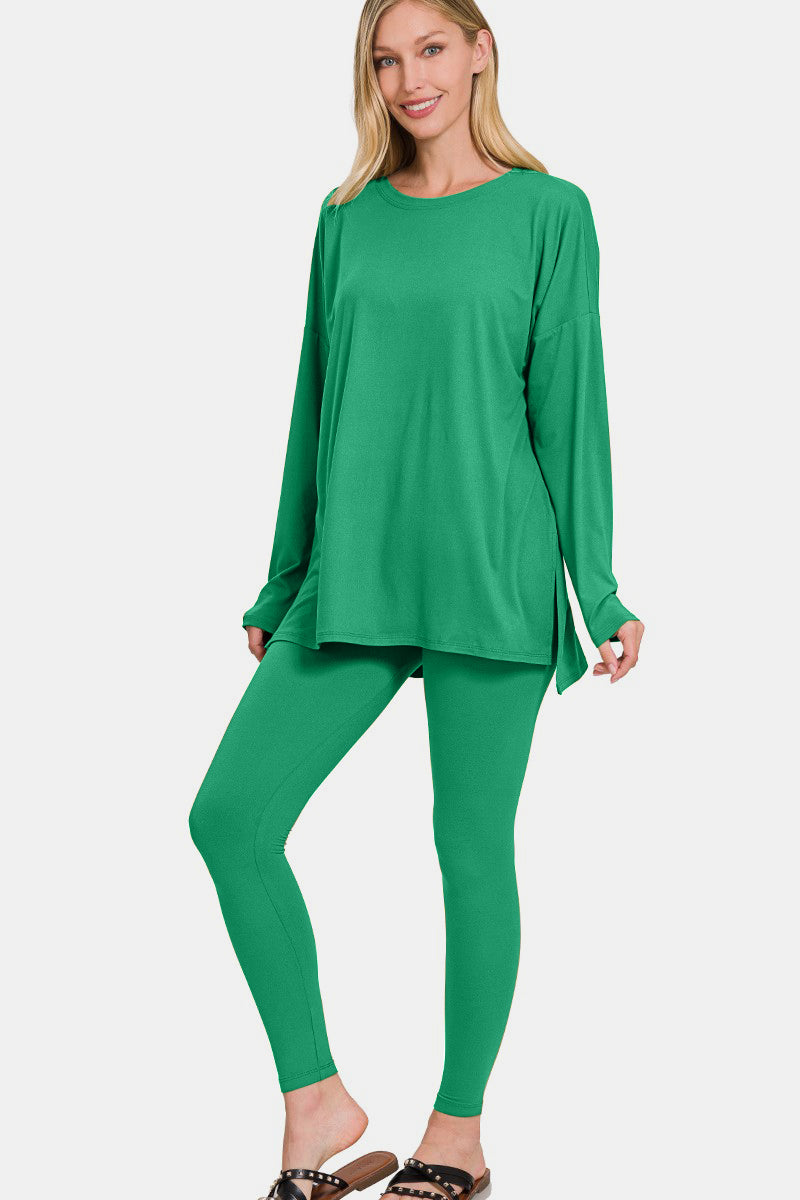 Zenana Brushed Microfiber Top and Leggings Set - Kelly Green