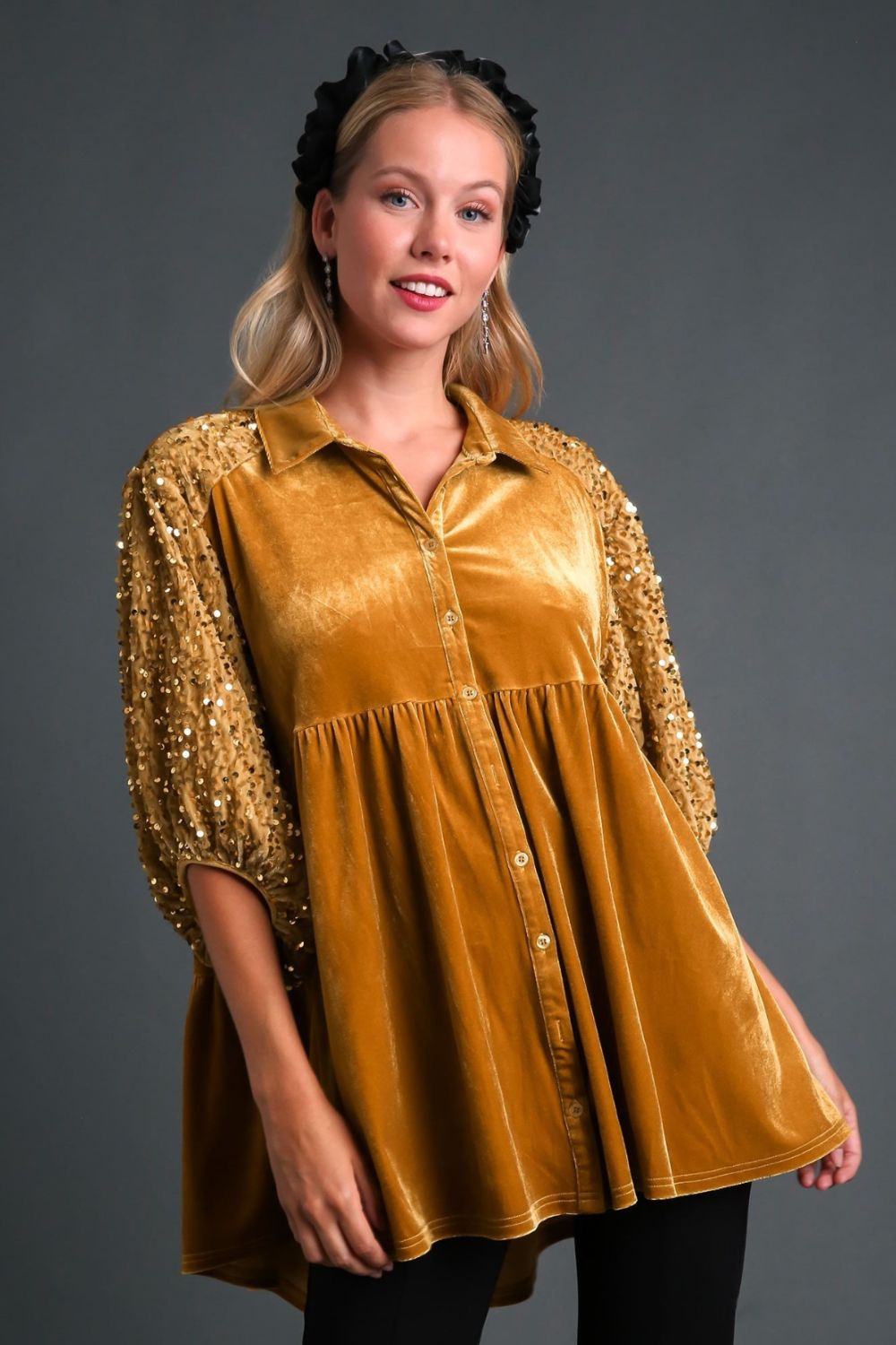 Umgee Sequin Detail Top - Mustard