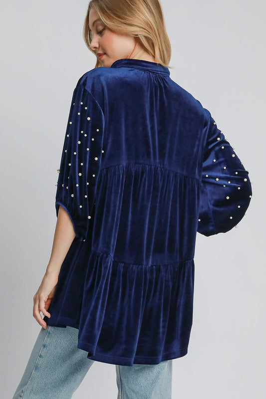 Umgee Pearl Detail Velvet Top - Navy