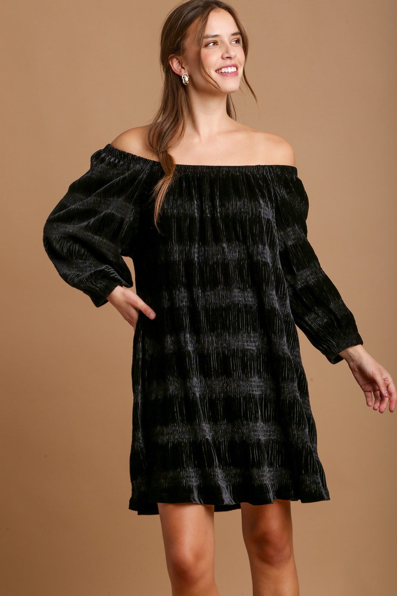 Umgee Velvet Off-Shoulder Dress - Black