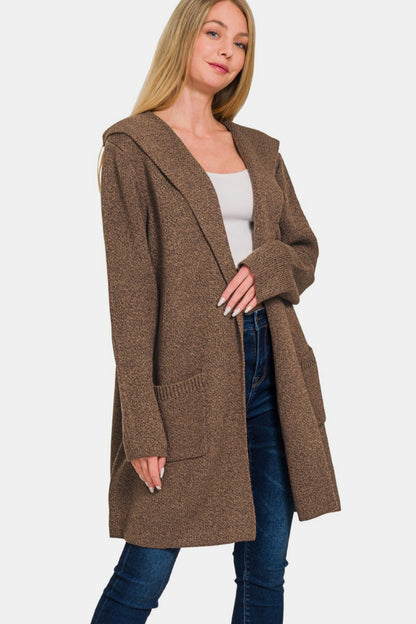 Zenana Hooded Cardigan - Brown