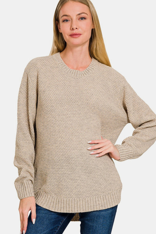 Zenana Curved Hem Sweater - Beige