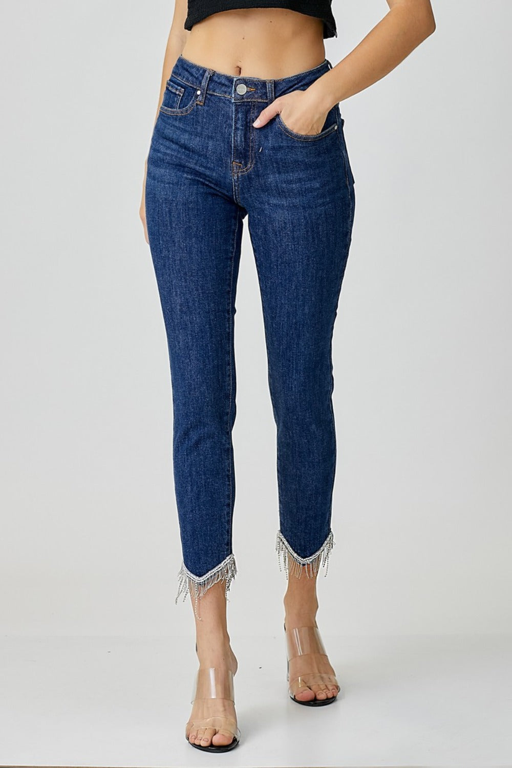 RISEN Fringe Hem Embellished Skinny Jeans