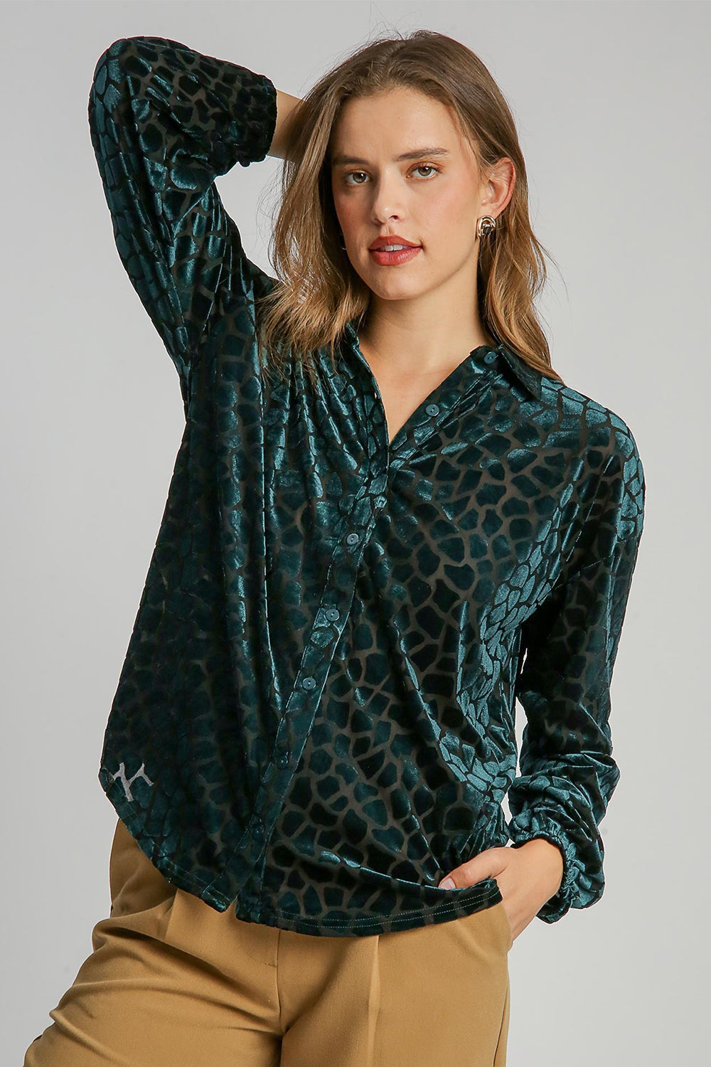 Umgee Velvet Animal Print Top - Hunter Green