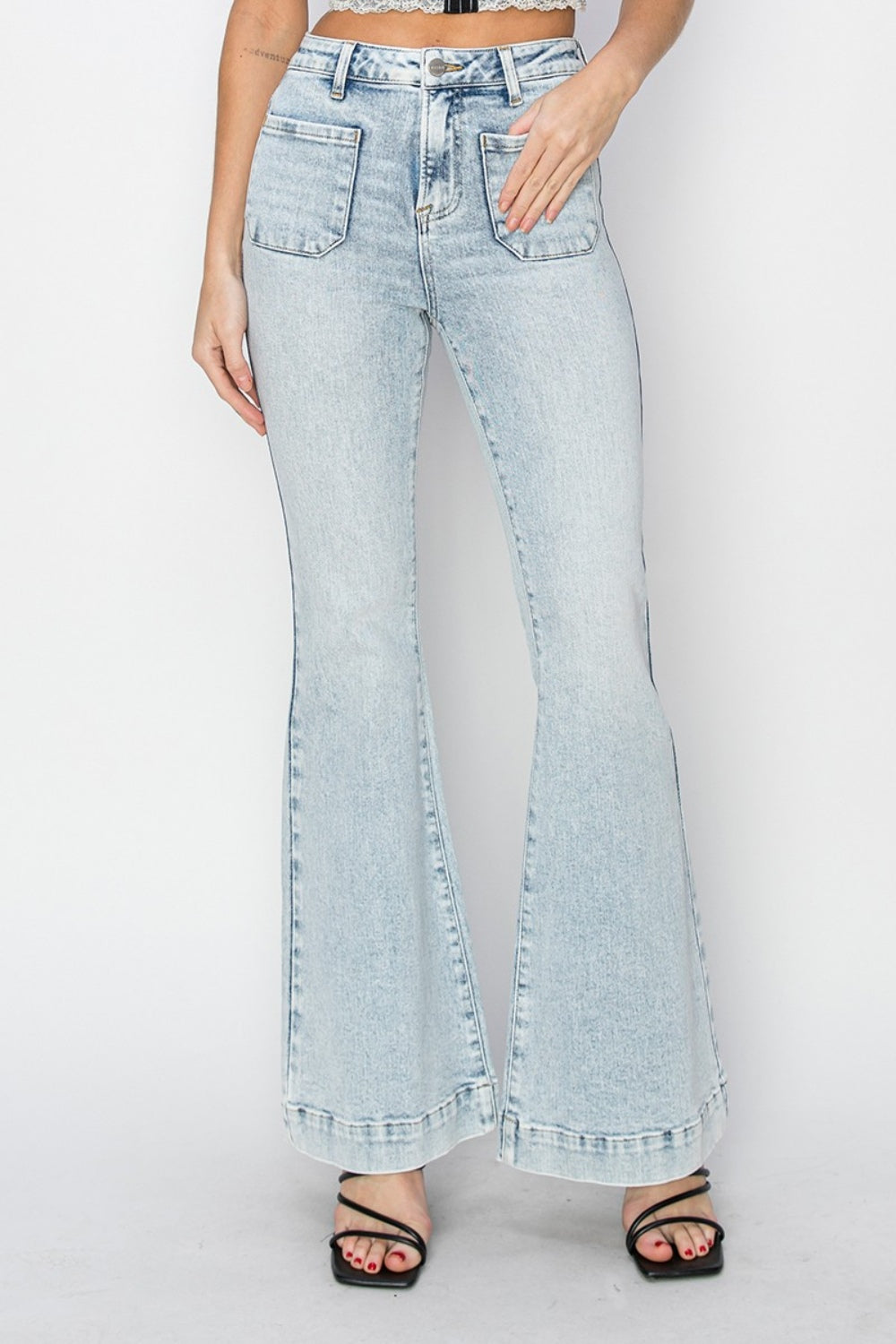 Risen High Rise Front Patch Pocket Flare Jeans - Acid Light