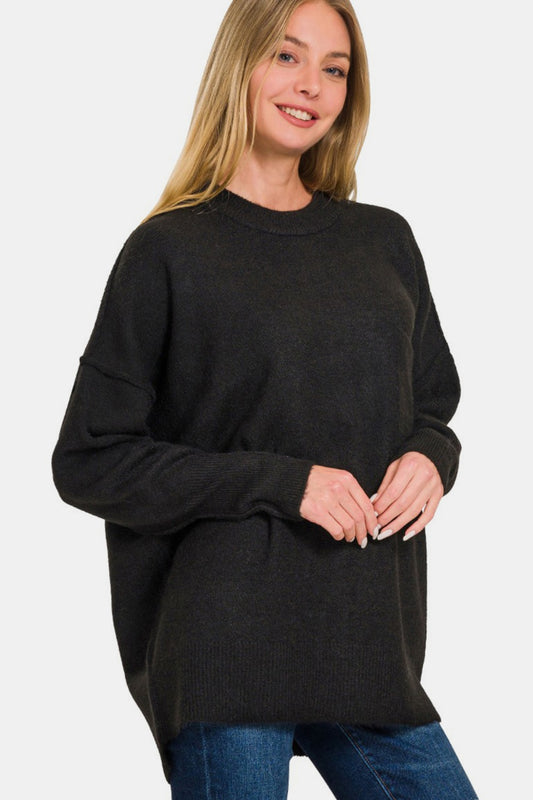 Zenana Black High-Low Hem Sweater