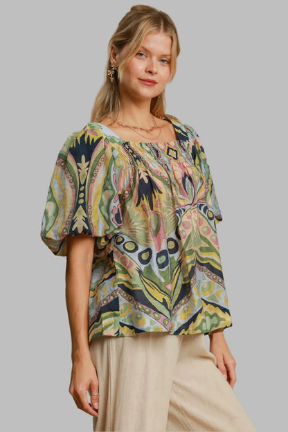 Umgee Abstract Print Top - Green Mix