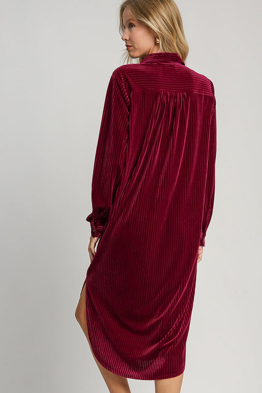 Umgee Textured Button Down Shirt Dress - Burgundy