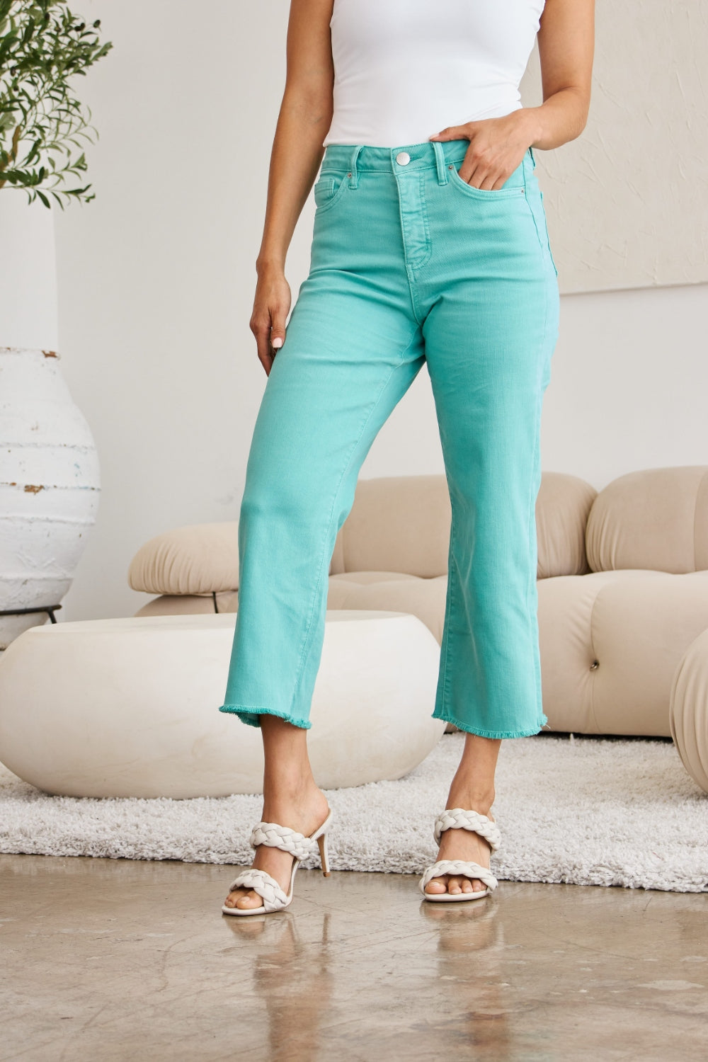 RFM Cropped Tummy Control Raw Hem Jeans - Island Green