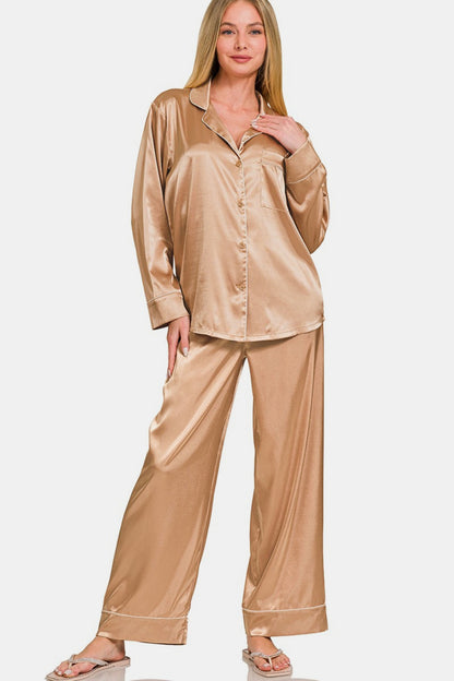 Zenana Satin Pajama Set - Brush