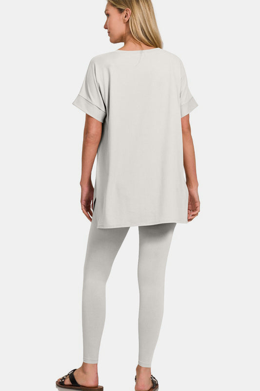 Zenana V-Neck Short Sleeve Top & Leggings Set - Light Cement