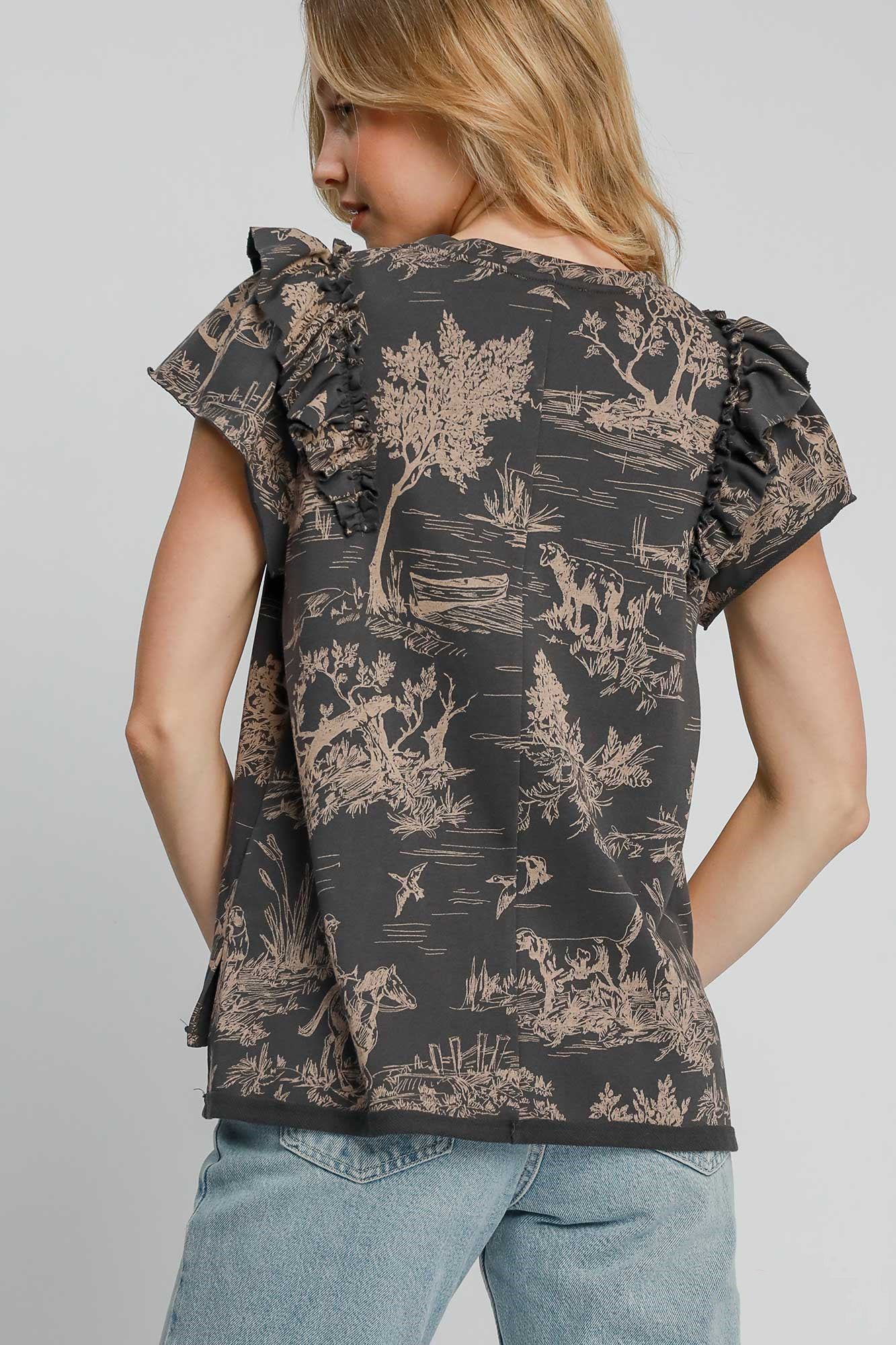 Umgee Ruffled Landscape Top - Dark Gray