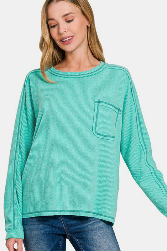 Zenana Ribbed Hacci Top - Turquoise
