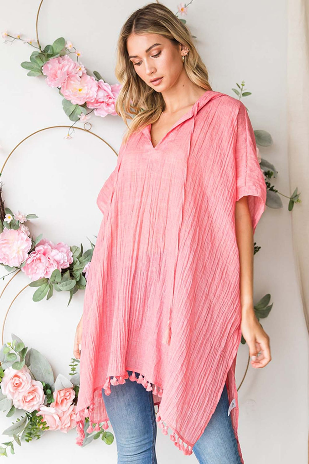 Coral Tassels Hooded Cover Up