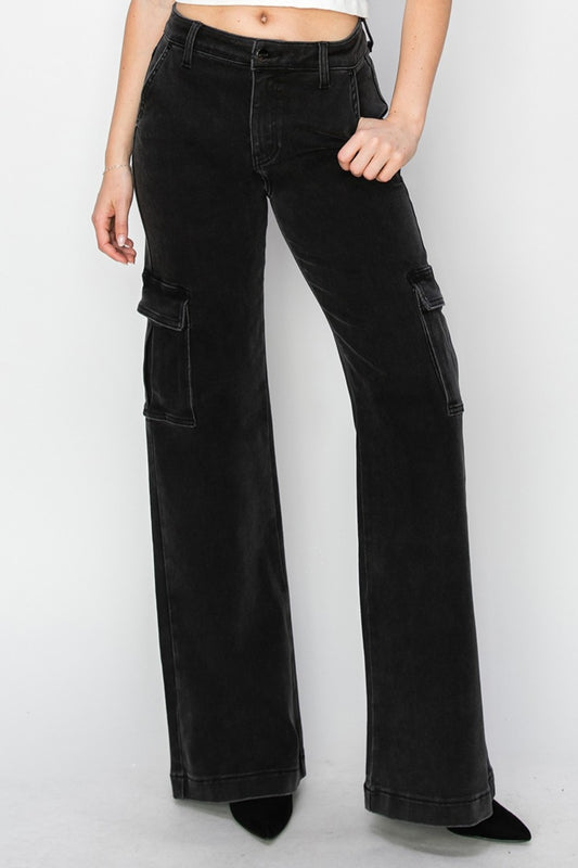 Risen High Rise Wide Leg Cargo Style Jeans - Black