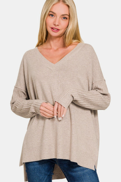 Zenana V-Neck High-Low Sweater - Mocha