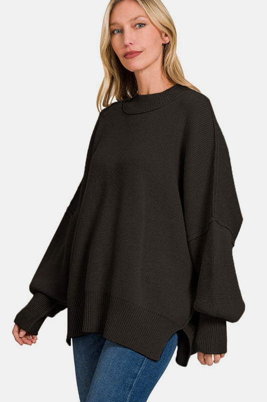 Zenana Black Side Slit Sweater