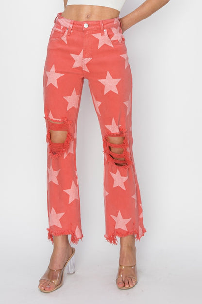 RISEN Distressed Raw Hem Star Pattern Jeans