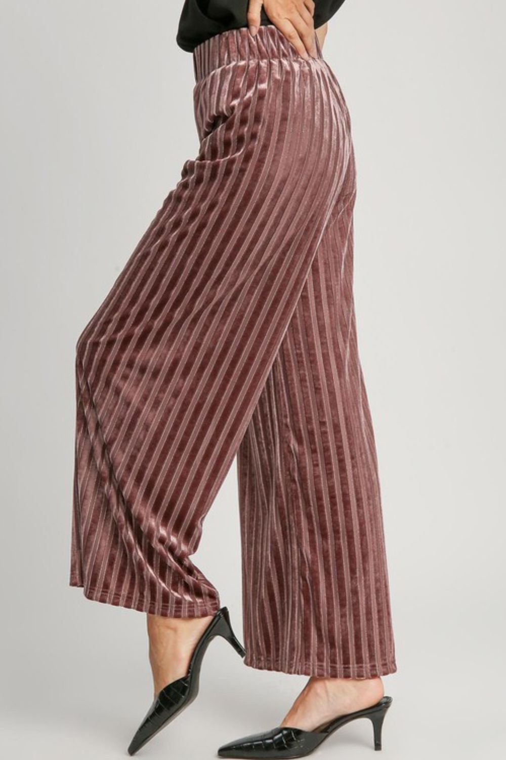 Umgee Velvet Striped Pants - Burgundy