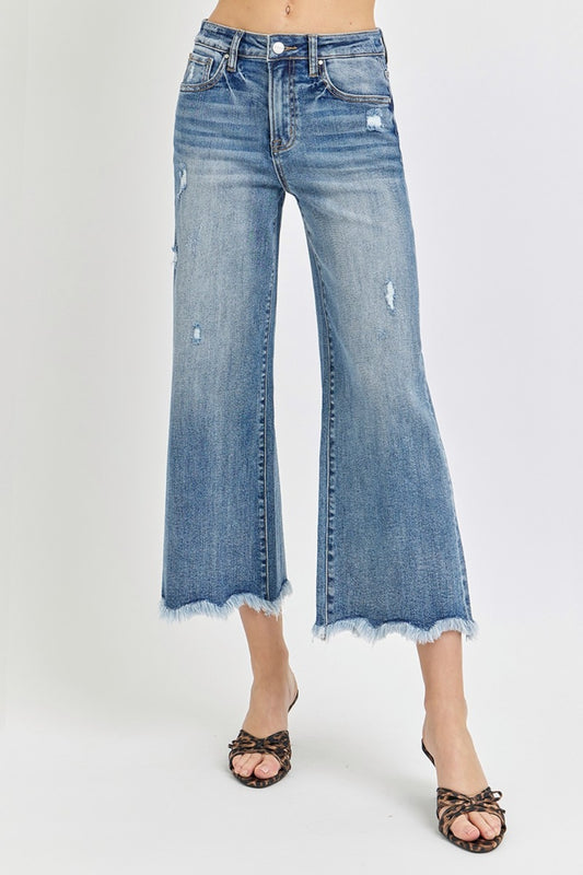 Risen High Rise Raw Hem Cropped Flare Jeans