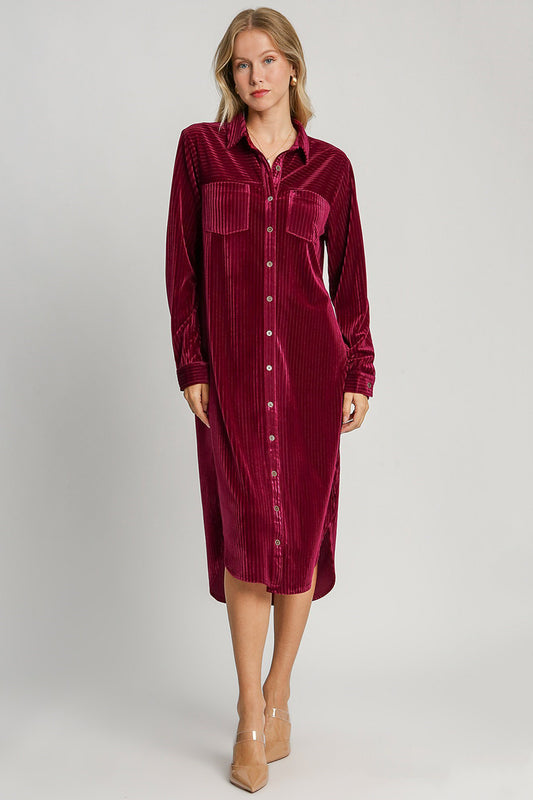Umgee Textured Button Down Shirt Dress - Burgundy