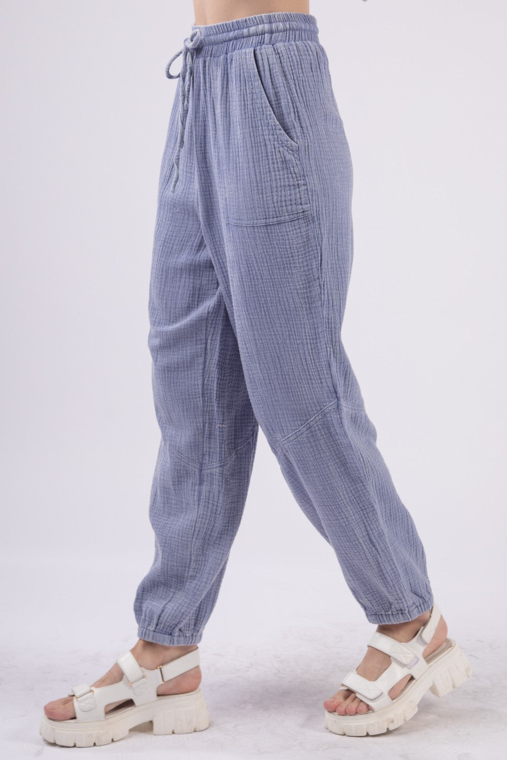 VERY J Crinkle Gauze Drawstring Pants - Denim