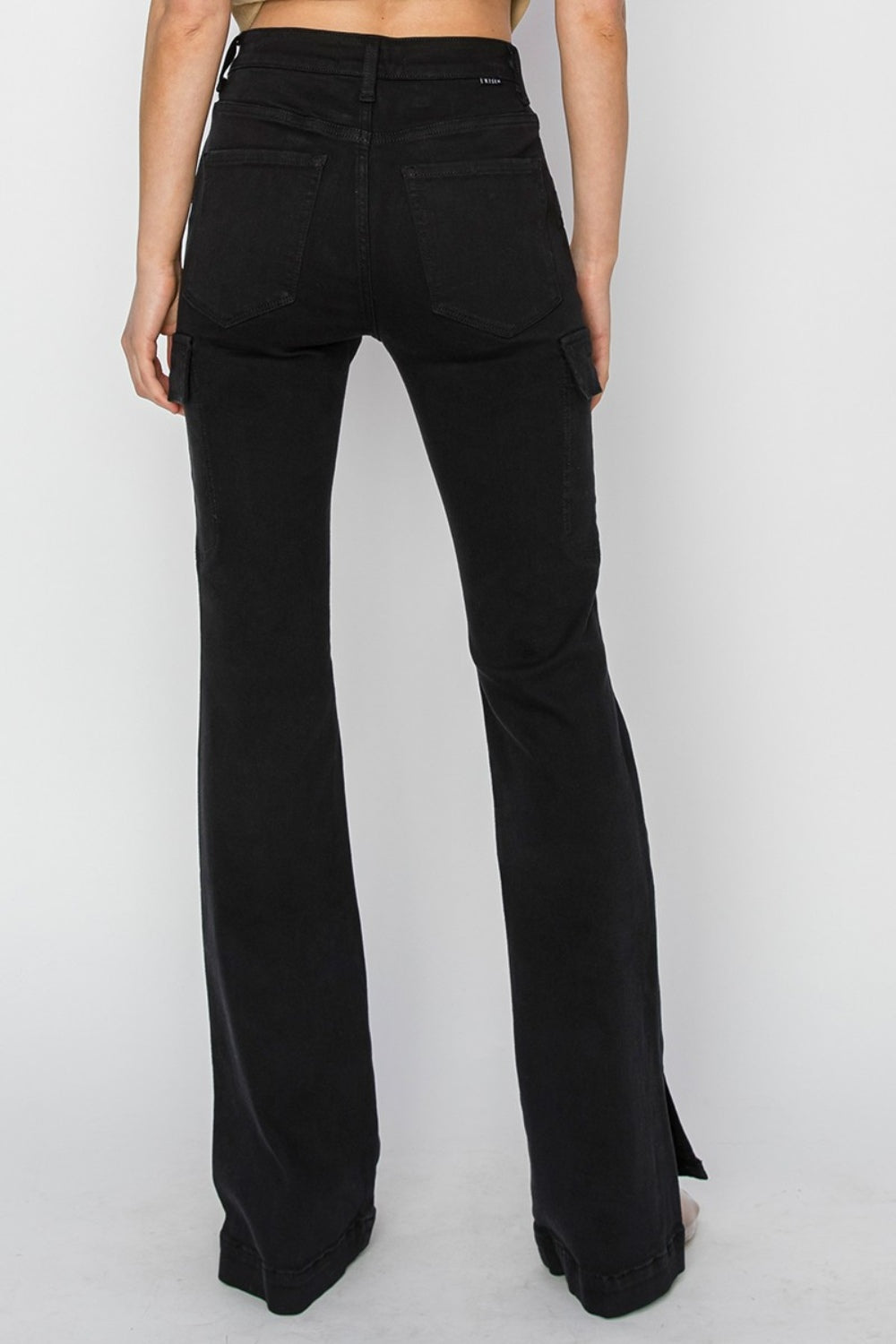 RISEN High Rise Side Slit Cargo Bootcut Jeans - Black