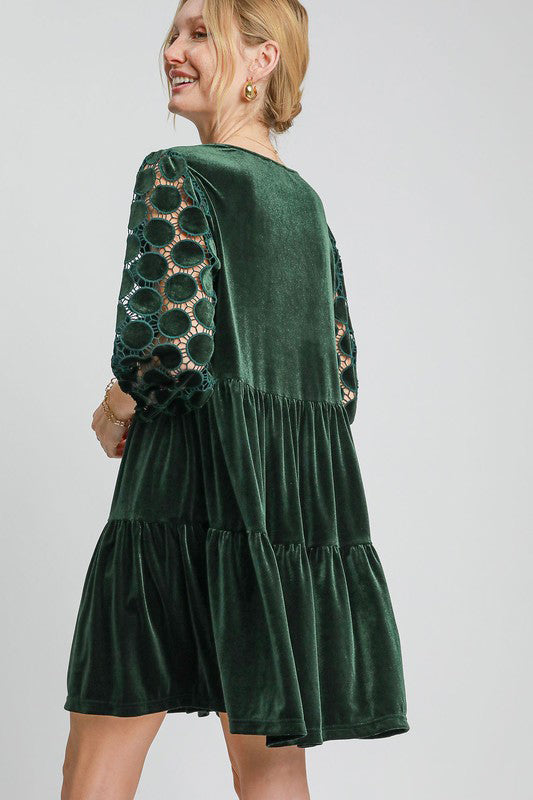 Umgee Velvet V-Neck Dotted Lace Tiered  Dress - Dark Green